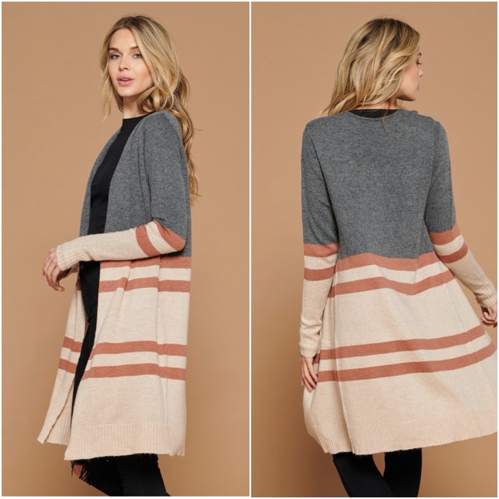 Charcoal Color block cashmere blend long cardigan Work Office - Picture 5 of 5